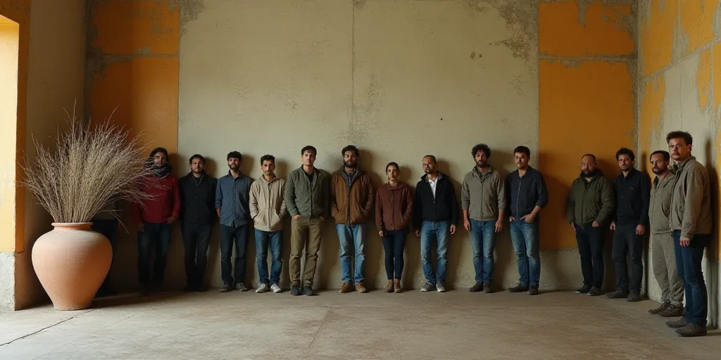 a group of people standing next to each other in a room with a large vase on the floor and a large v