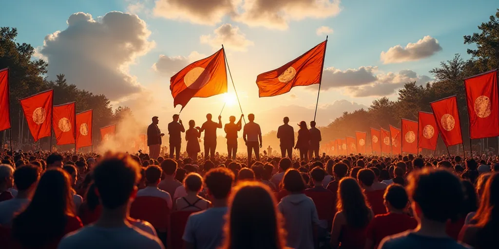 a group of people standing on a stage holding flags and banners in front of a crowd of people with f