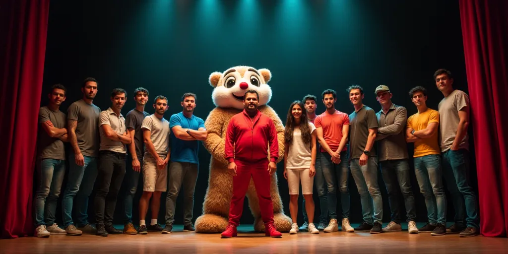 a group of people standing on a stage with a mascot behind them and a man in a red uniform, Estuardo