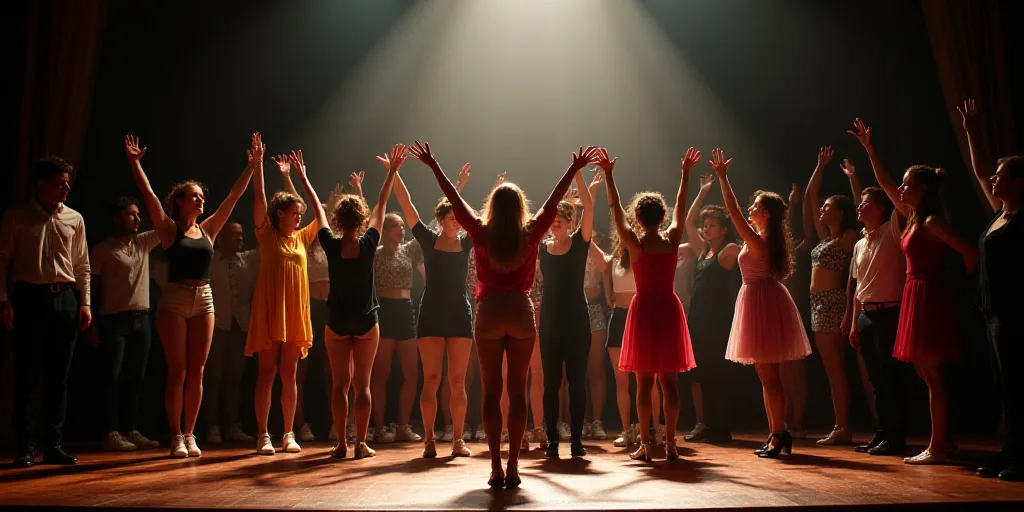 a group of people standing on a stage with their arms in the air and their arms in the air, Araceli