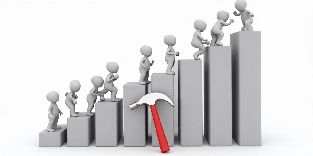 a group of people standing on top of a bar chart with tools in it and a hammer in the middle, Andrie
