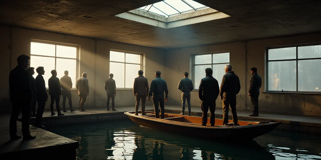 a group of people standing on a boat in a room with a window and a skylight on the ceiling, Dirck va