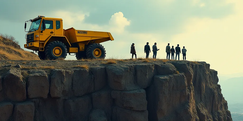 a group of people standing on top of a rocky cliff next to a yellow bulldozer and a yellow truck, Af