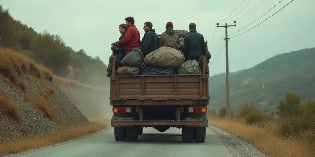 a group of people standing on the back of a truck filled with luggage and bags on a road next to a h