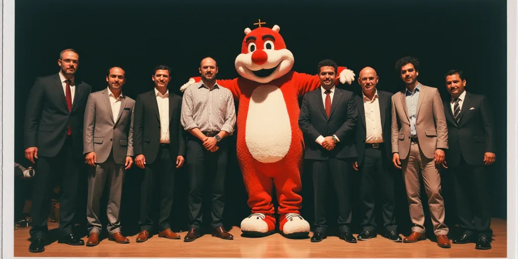 a group of people standing on a stage with a mascot behind them and a man in a suit and tie, Bouchta
