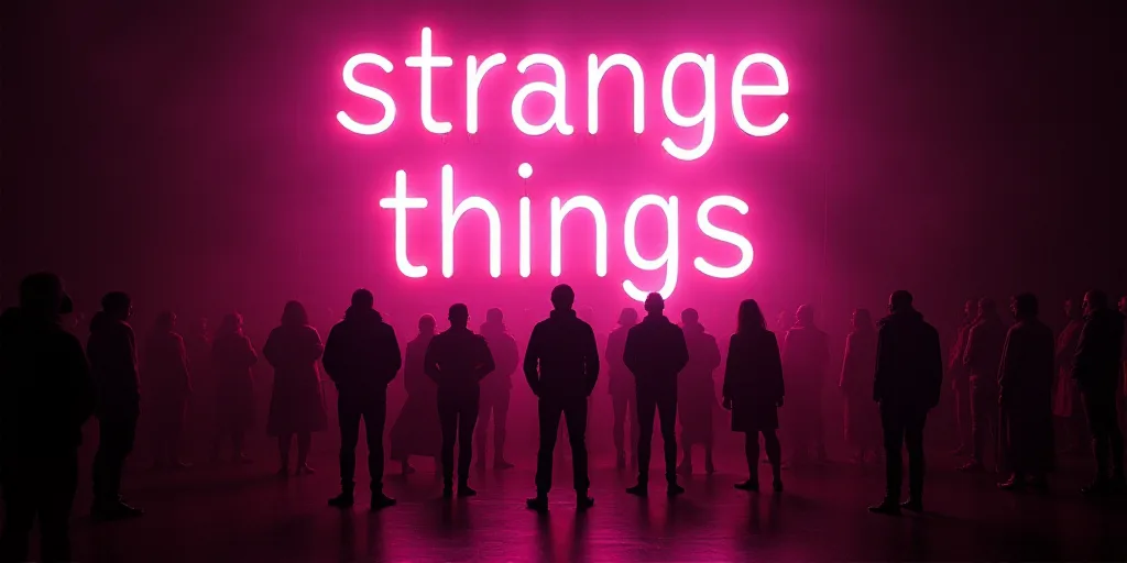 a group of people standing on a stage with a neon sign behind them that says,'strange things ', Edwa