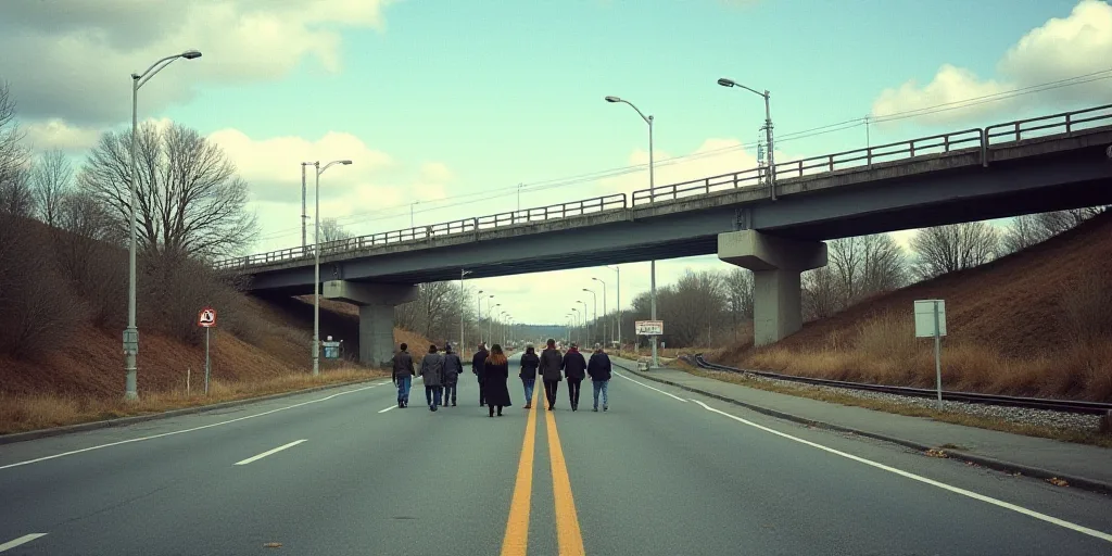 a group of people walking across a street next to a train track and a bridge over a road with a sky