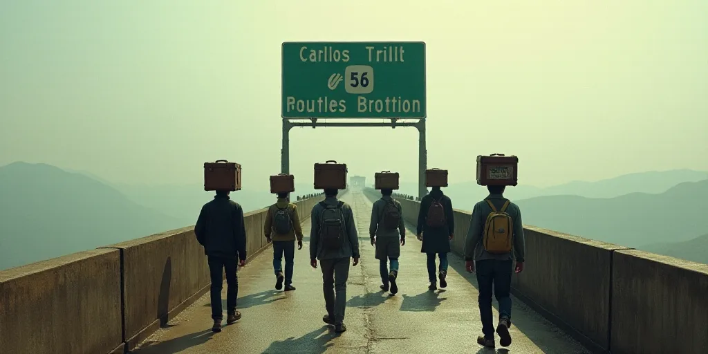 a group of people walking across a bridge with luggage on their heads and a sign above them that say