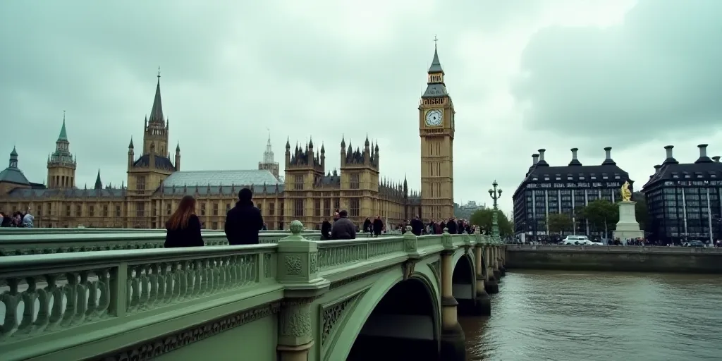 a group of people walking across a bridge near a clock tower in london, england, on a cloudy day, Ch