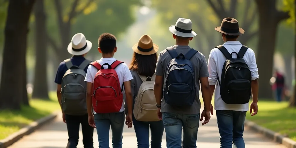 a group of people walking around a park together, some with hats on their heads and one with a backp