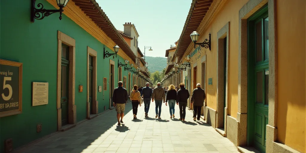 a group of people walking down a tiled walkway next to a wall with a green sign on it that says 5, C