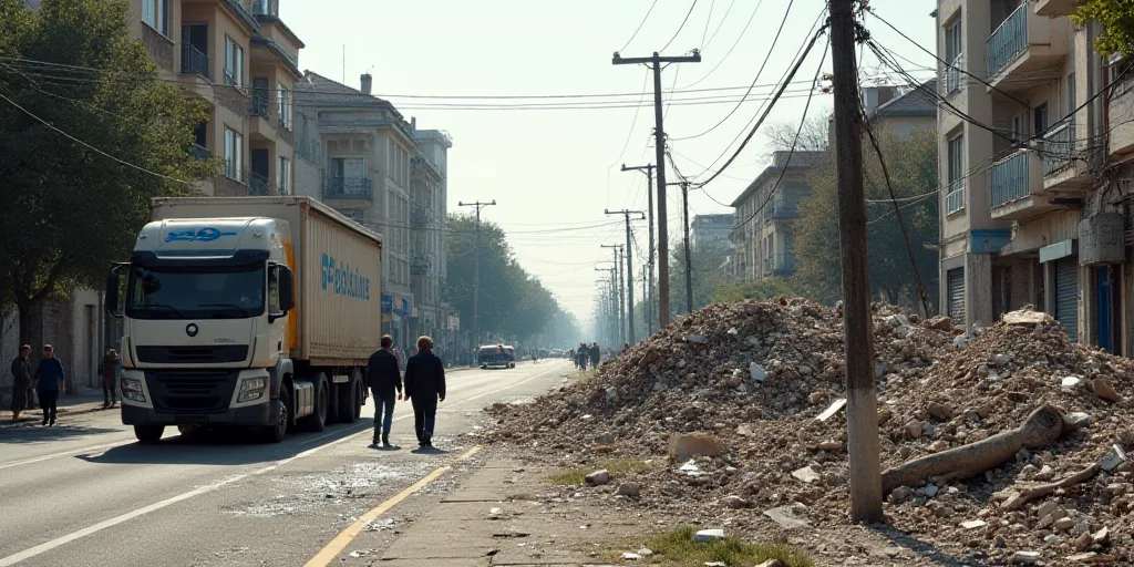 a group of people walking down a street next to a pile of rubble and debris on the ground and a truc