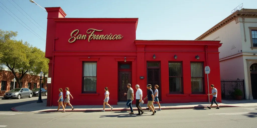 a group of people walking down a street next to a red building with a sign on it that says san franc