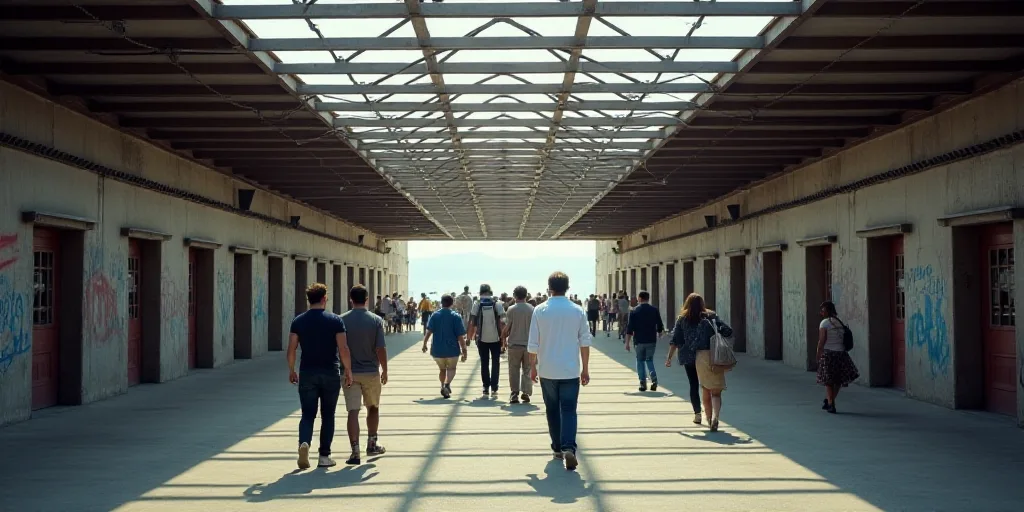 a group of people walking down a street under a metal structure with a roof over it and a man in a w