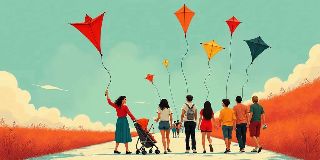 a group of people walking down a street holding kites in the air and a woman pushing a stroller, Ame