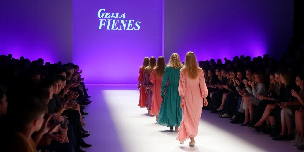 a group of people walking down a runway at a fashion show with a purple background and a blue sign,