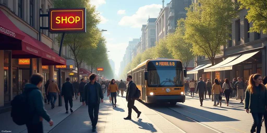 a group of people walking down a street next to a sign that says shop on it and a bus in the backgro