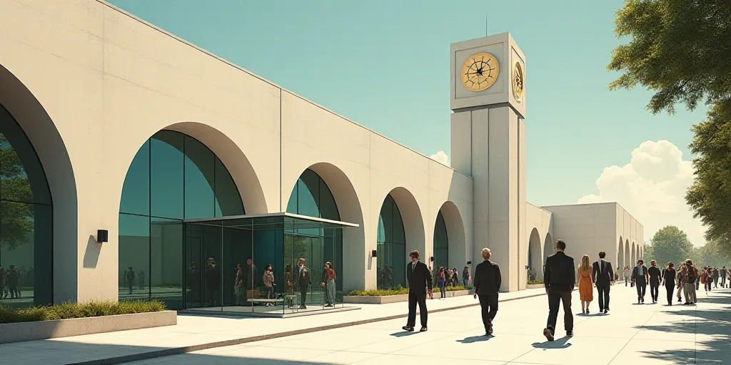 a group of people walking down a sidewalk next to a building with a domed glass front entrance and a