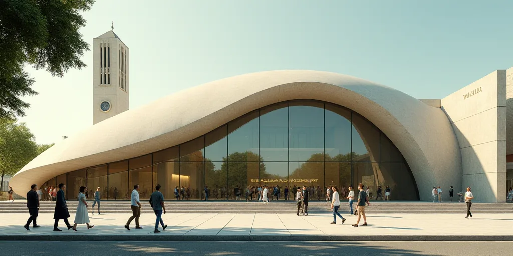 a group of people walking down a sidewalk next to a building with a domed glass front entrance and a