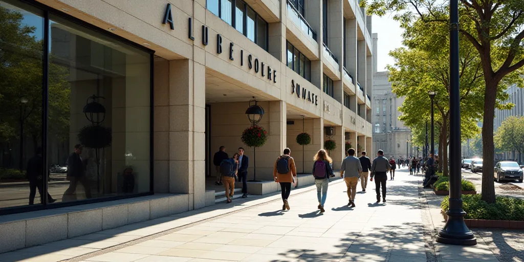 a group of people walking down a sidewalk next to a building with a sign that says melbourne square