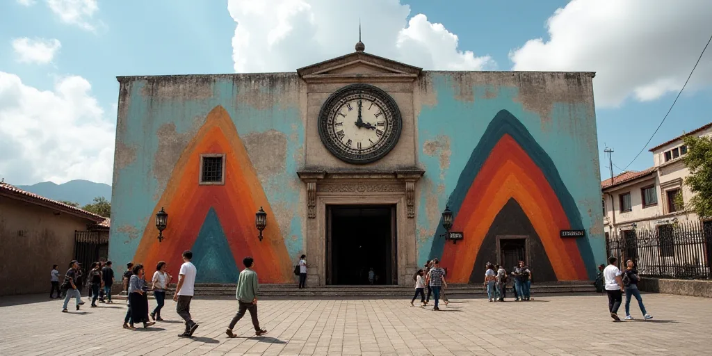 a group of people walking in front of a building with a clock on it's side and a sign that says mont