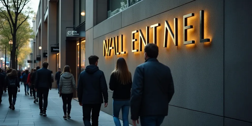 a group of people walking past a wall street sign on a building with a gold lettering on it's side,
