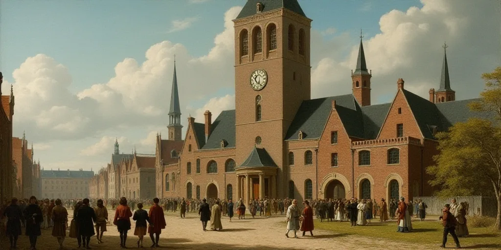a group of people walking past a tall building with a clock on it's side and a man carrying a bag, B
