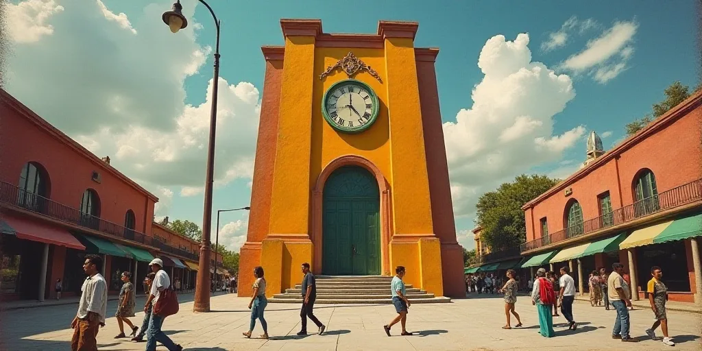 a group of people walking past a tall building with a clock on it's side walk near a street light, D