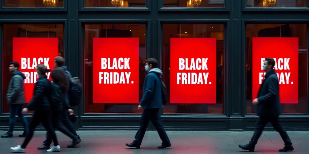 a group of people walking past a black friday sale sign in a store window with red lights on the win