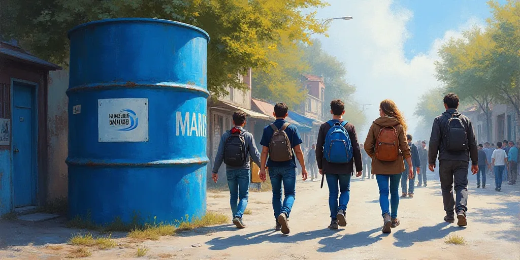 a group of people walking past a blue barrel with a logo on it and a blue and white sign, Dahlov Ipc