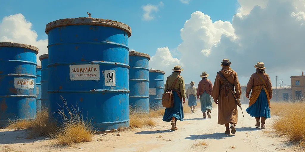 a group of people walking past a blue barrel with a logo on it and a blue and white sign, Dahlov Ipc