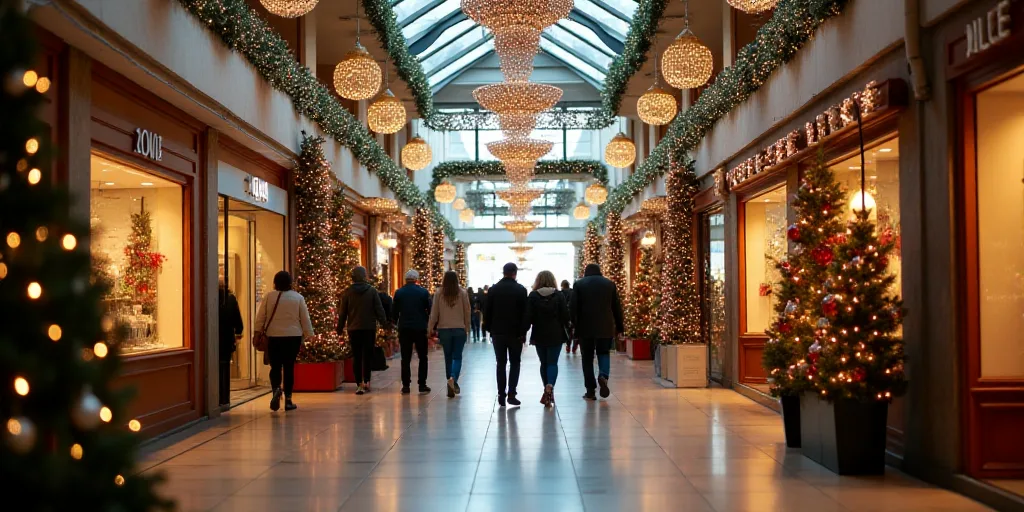 a group of people walking through a mall filled with christmas decorations and decorations on displa