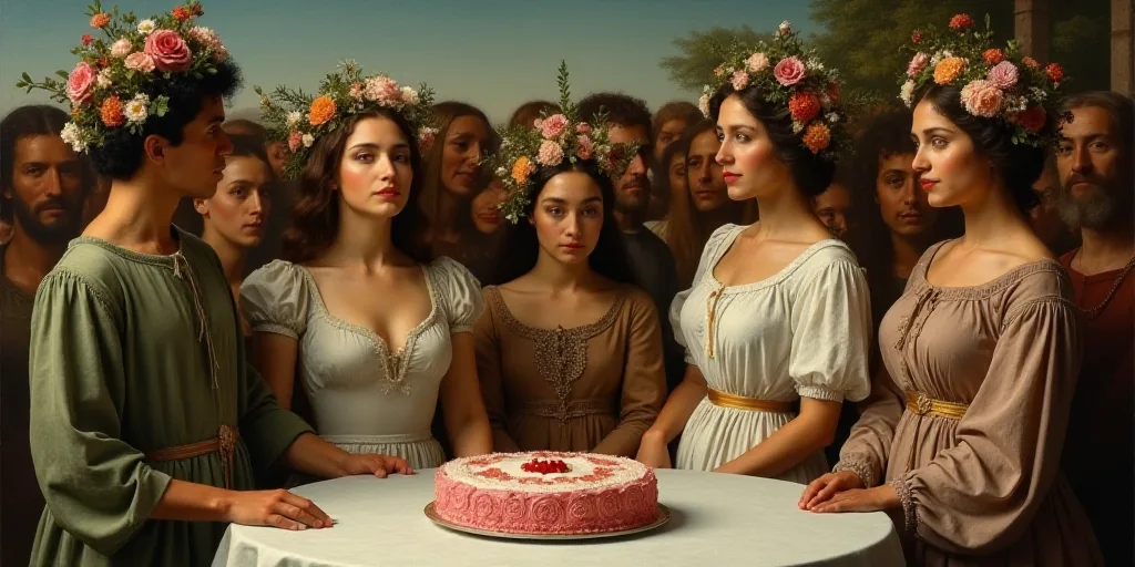 a group of people with flowers in their hair and a cake in front of them with a crowd of people behi