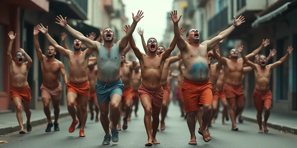 a group of people with painted faces and body paint walking down a street with arms outstretched in