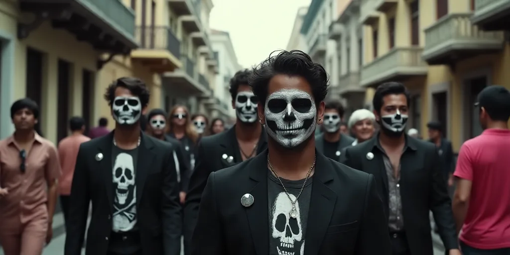 a group of people with pirate flags and skull face paint on their faces walking down a street with o