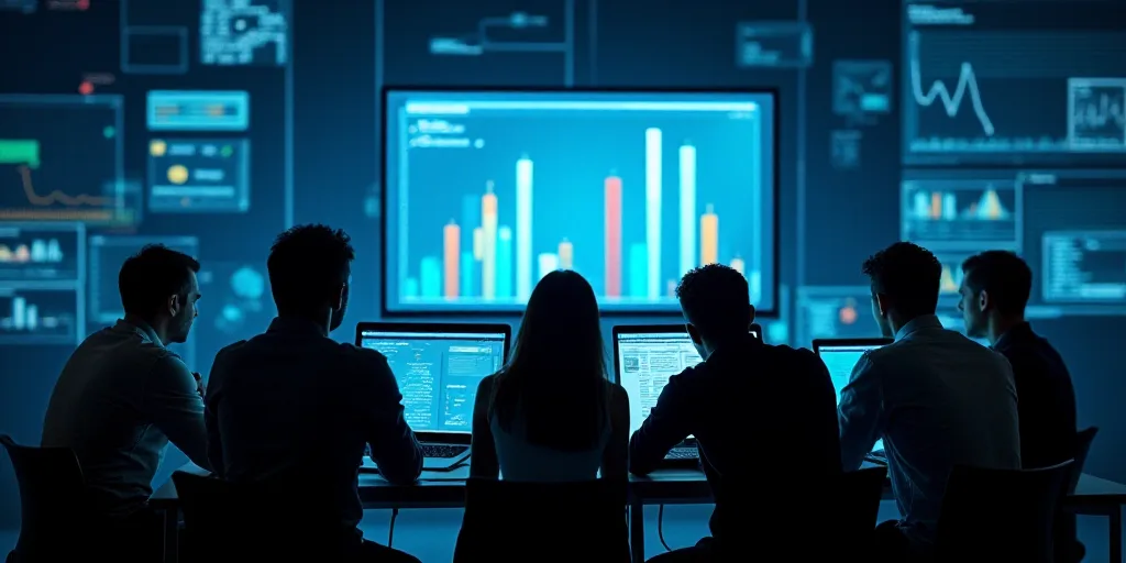 a group of people working on laptops in front of a screen with graphs and graphs on it and a bar cha