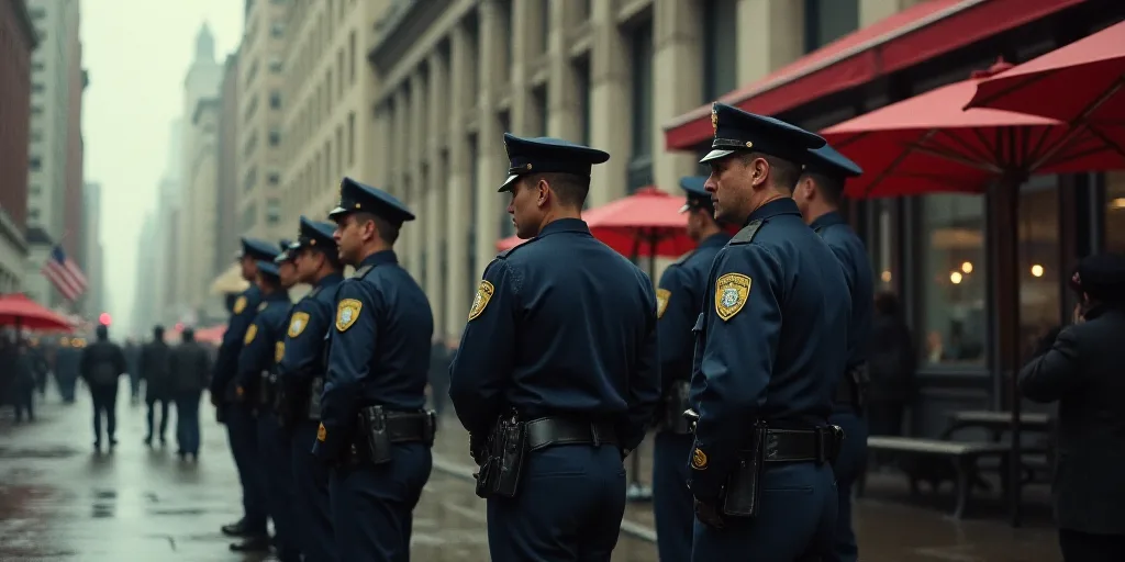 a group of police officers standing next to each other near a building with umbrellas on the side of