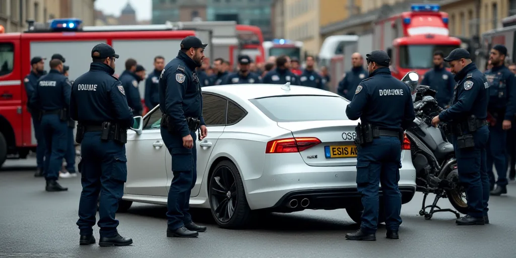 a group of police officers standing around a white car with a motorcycle on it's back end and a fire