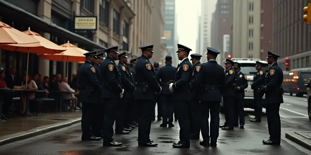 a group of police officers standing next to each other near a building with umbrellas on the side of