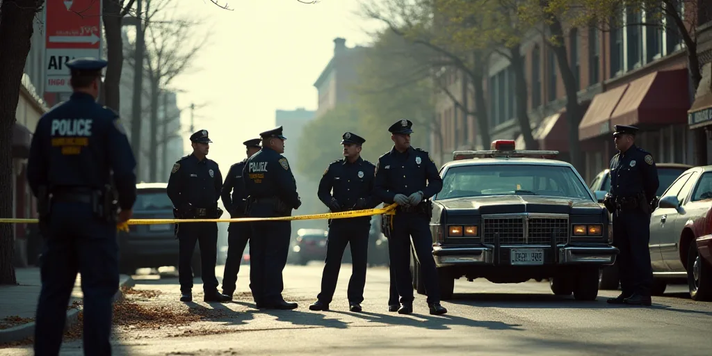 a group of police officers standing around a car with a police cord in front of them and a police of