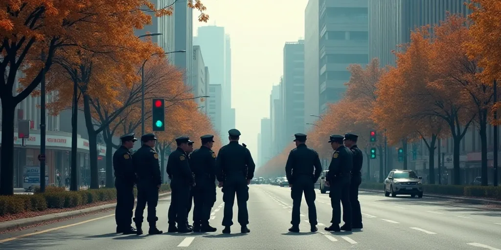 a group of police officers standing on the side of a road near a traffic light and trees and buildin