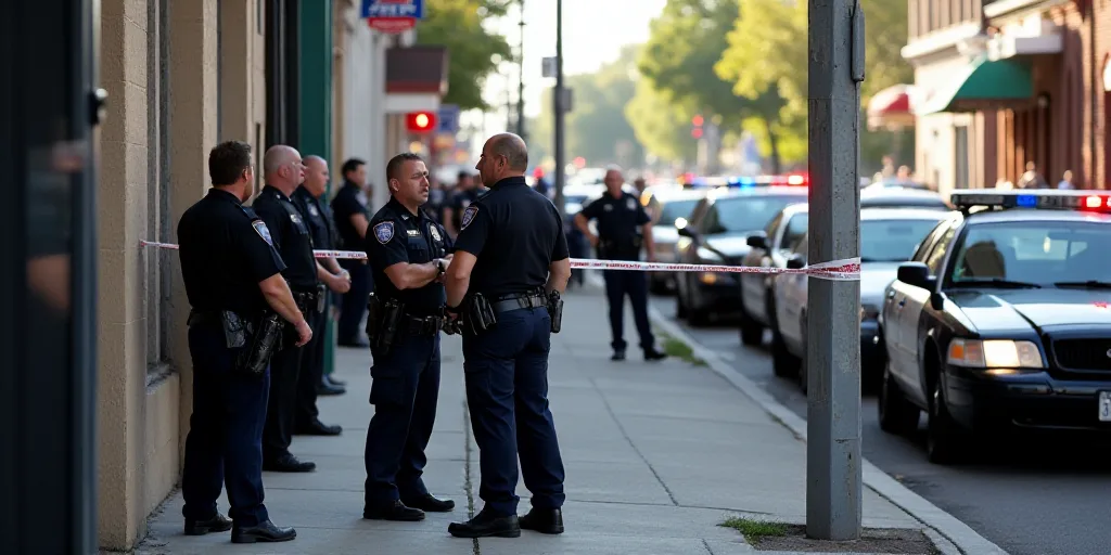 a group of police standing around a building with police tape on it's sides and police cars in the b