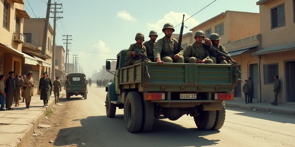 a group of soldiers riding in the back of a truck in a street with other vehicles and people walking