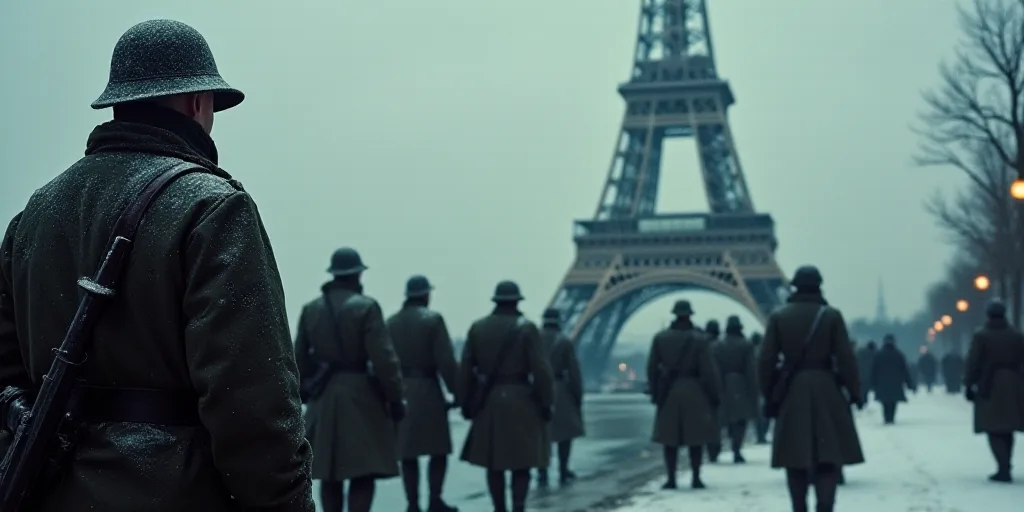 a group of soldiers standing in front of the eiffel tower in paris, france, on a cold winter day, Cl
