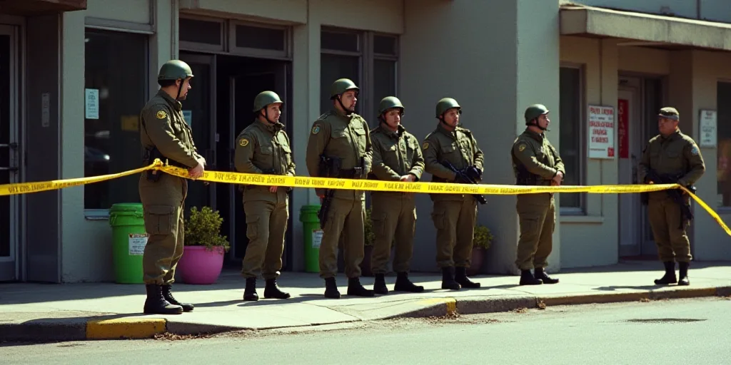 a group of soldiers standing next to a yellow caution line on a sidewalk near a building with a pink