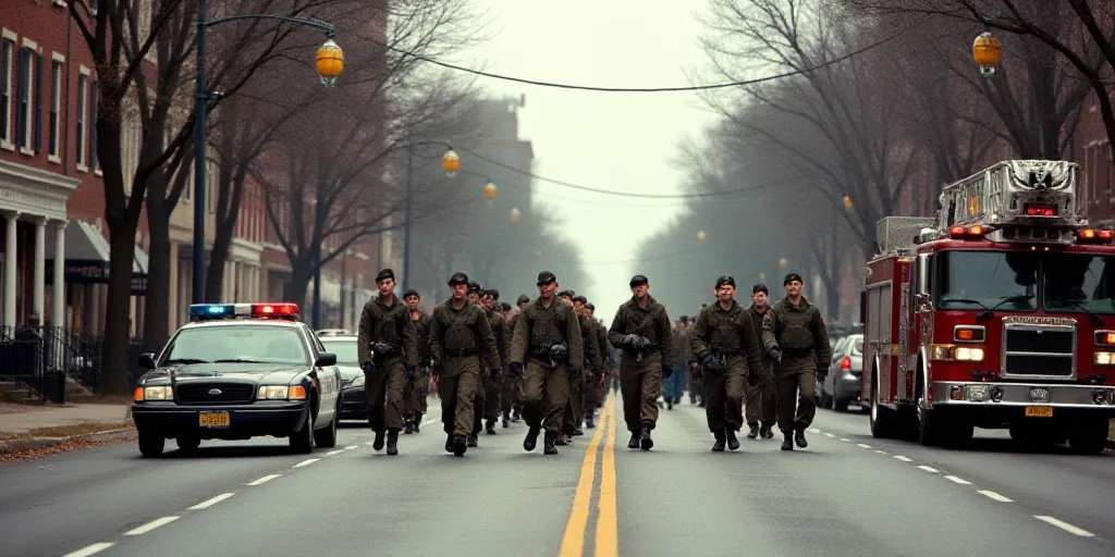 a group of soldiers walking down a street next to a police car and a fire truck with a hose, Arlingt