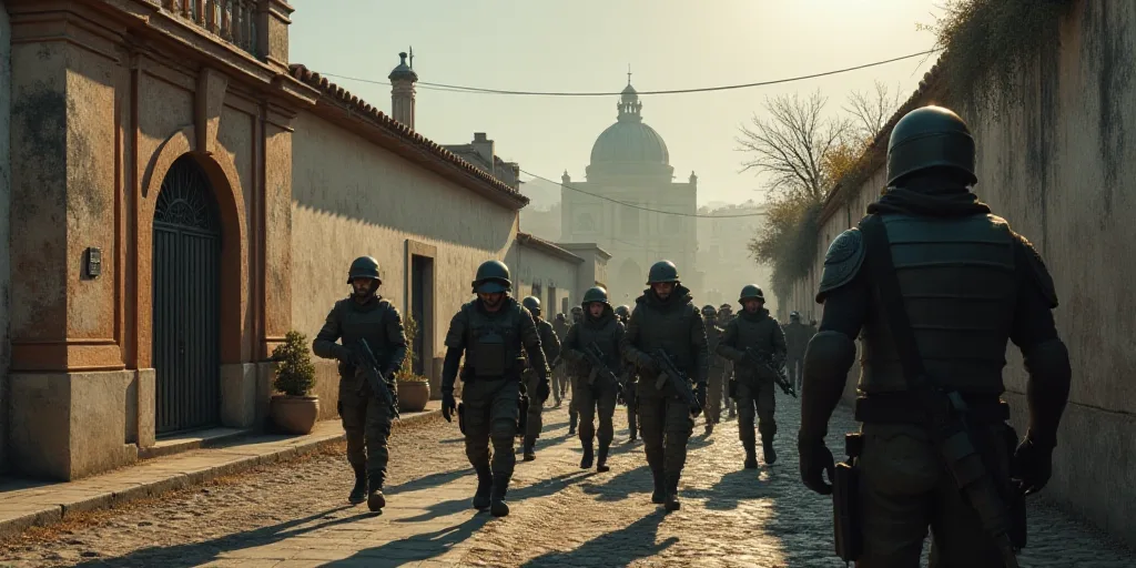 a group of soldiers walking down a street next to a building with a gate and a flag on it, Estuardo