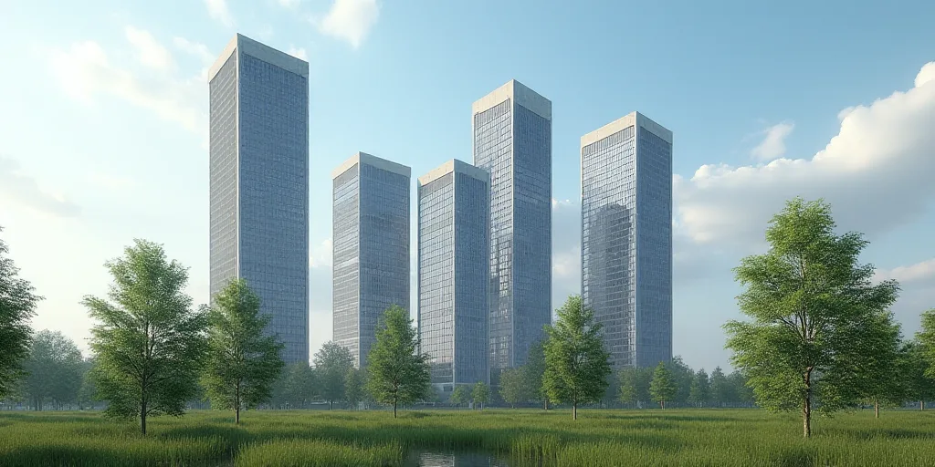 a group of tall buildings with a sky background and trees in front of them, with a sky background, E