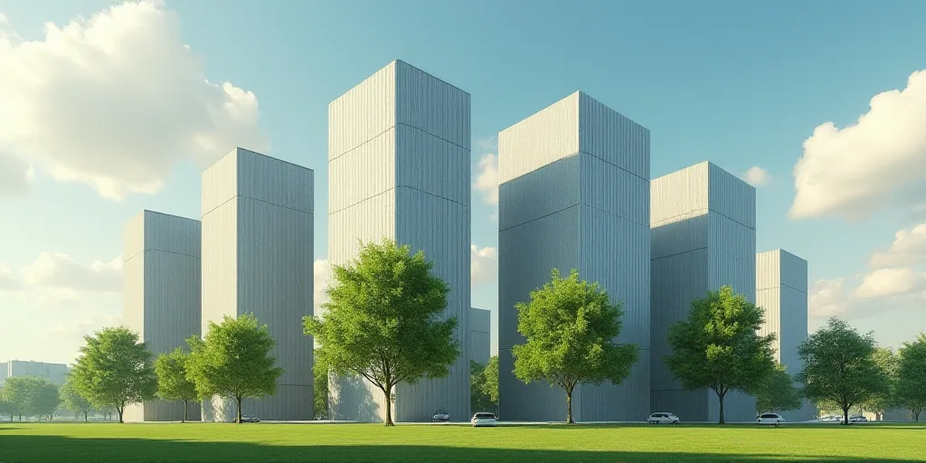 a group of tall buildings with trees in front of them and a sky background with clouds in the sky, E