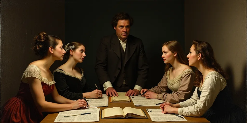 a group of women sitting around a table with papers and pens on it, and a man standing behind them,